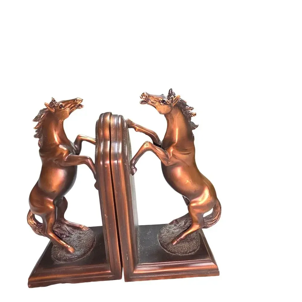 TWO POWER FINE HORSES STANDING BRONZE COLOR HEAVY-DUTY BOOKENDS